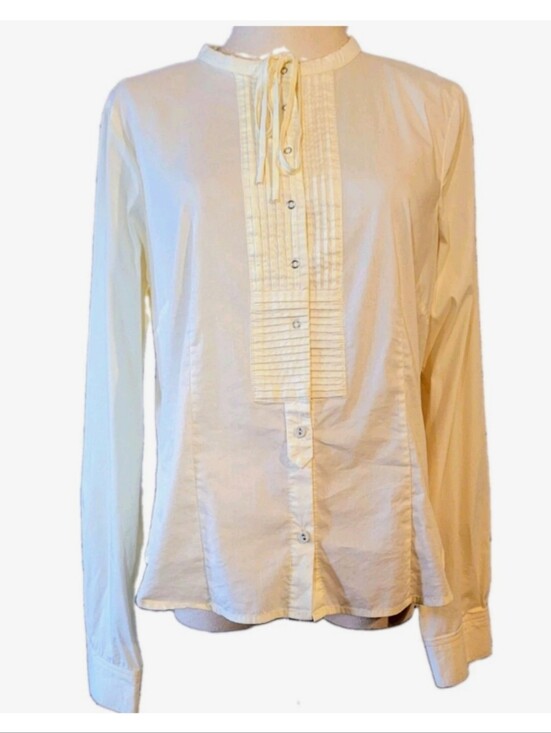 BCBGeneration Tops - BCBGeneration Shirt Womens Size 10 Cream Pintuck Tuxedo-Style Blouse Victorian